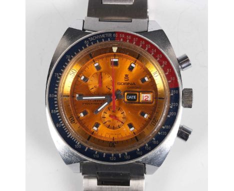 A Sorna Chrono steel backed gentleman's chronograph bracelet wristwatch, Ref. 2697, circa 1970s, with signed and jewelled E.B