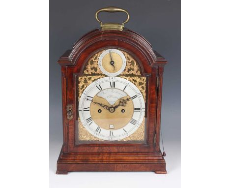 A George III mahogany bracket clock, the eight day twin fusee five pillar movement striking hours on a bell with pull repeat 