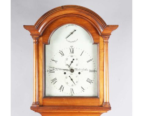 An early 19th century mahogany longcase clock with eight day movement striking on a bell, the 12-inch repainted breakarch dia