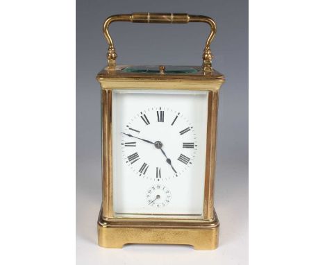 A late 19th century French lacquered brass corniche cased carriage alarm clock by E.G. Lamaille, the eight day movement strik