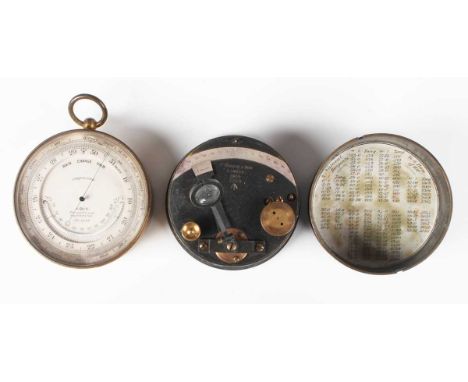 A late 19th century gilt brass pocket barometer altimeter, the silvered dial with semicircular mercury thermometer and detail