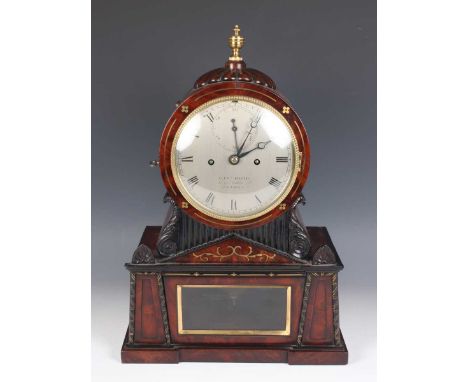 A Regency Egyptianesque brass inlaid mahogany and ebonized bracket clock, the eight day twin fusee movement striking hours on