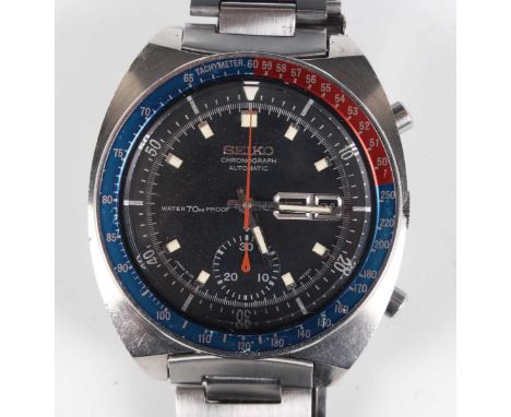 A Seiko Chronograph Automatic stainless steel gentleman's bracelet wristwatch, Ref. 6139-6000, circa February 1970, with sign