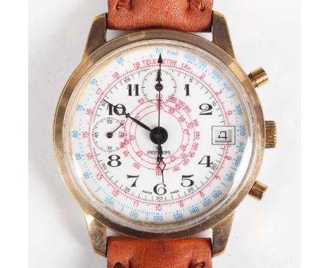 A Pryngeps gilt metal fronted and steel backed gentleman's chronograph wristwatch with unsigned jewelled Valjoux 7765 caliber