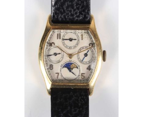 A rare Jaeger-LeCoultre 18ct gold tonneau cased perpetual calendar gentleman's wristwatch with signed and jewelled movement, 
