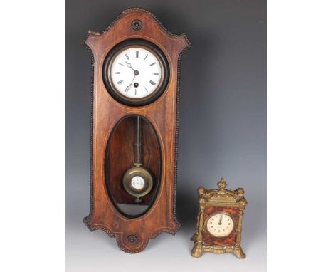 A late 19th century rosewood cased wall timepiece, the enamelled circular dial with black Roman hour numerals, the case with 