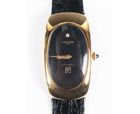 A Sarcar Genève automatic 18ct gold curved oval cased gentleman's wristwatch, the signed black dial with diamond at 12 o'cloc