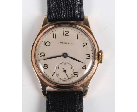 A Longines 9ct gold circular cased gentleman's wristwatch, circa 1947, the signed and jewelled 12.68z caliber movement number