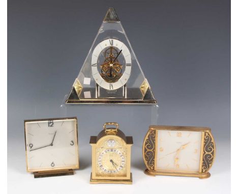 A Swiza gilt brass mantel timepiece with eight day movement, height 13cm, together with a Looping brass mantel alarm clock, h