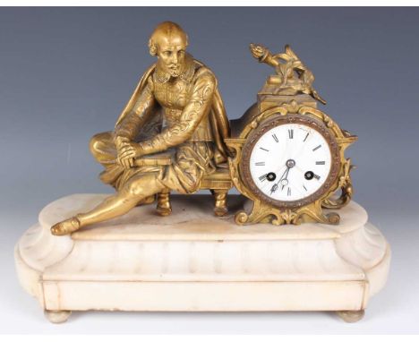 A late 19th century gilt spelter and alabaster mantel clock with eight day movement striking on a bell, the white enamelled d