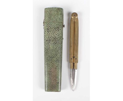 A George III shagreen case of tapering form with hinged lid, the interior fitted with a brass and steel divider compass, leng