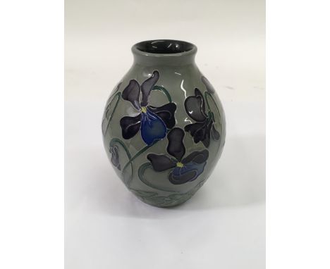 A Moorcroft grey ground vase, decorated with viola type flowers, designed by Rachael Bishop. Approx 14cm, dated 2013