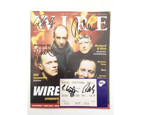 A signed copy of Wire magazine signed by the members of the rock band Wire, accompanied by a gig ticket from when they played