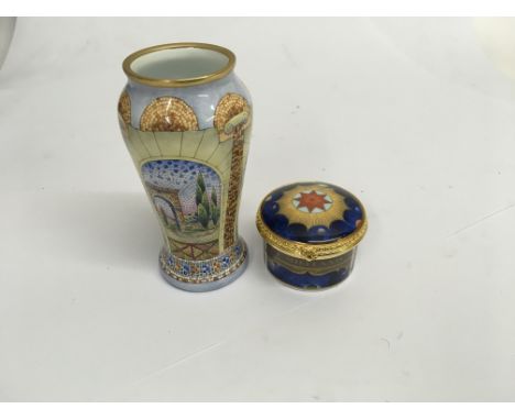 A moorcroft enamel vase and a royal Worcester pill box .
