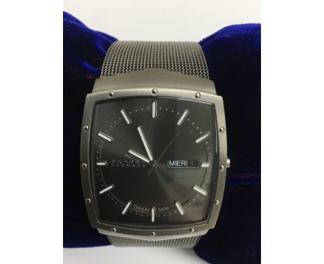 A Skagen Titanium 3ATM wristwatch with large, square dial on woven strap