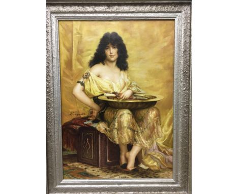 A retrospective oil on canvas of Salome, after Henri Regnault. This large portrait of the biblical character measures approxi