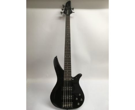 A Yamaha RBX375 model five string bass guitar, serial number HJM0562Y, comes supplied with a soft carry case.