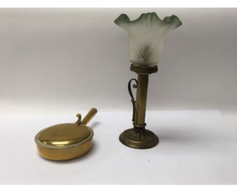 A Victorian brass column candle lamp with a green glass shade accompanied by a small brass lidded container - NO RESERVE