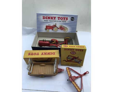 Dinky toys, reproboxed, includes 27AK, farm tractor and hay rake, #320 Harvest trailer and #322 a Disc harrow