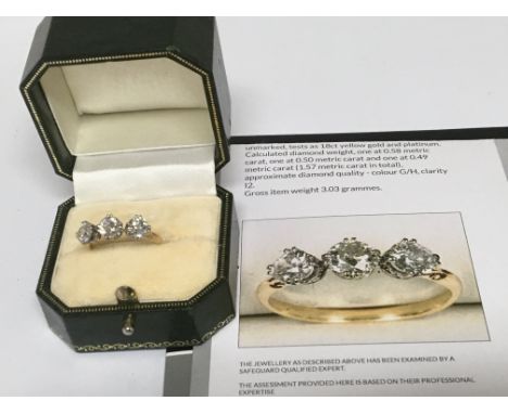 A Quality three stone diamond ring set in 18carat gold. With three brilliant cut diamonds described as old European cut each 