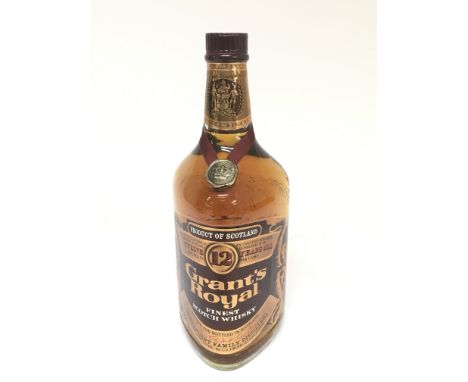 A bottle of Grants Royal twelve year old Finest Scotch Whisky.