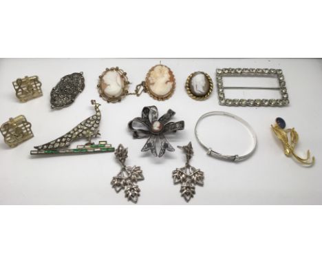 Three yellow metal cameo brooches, silver bangle and costume jewellery