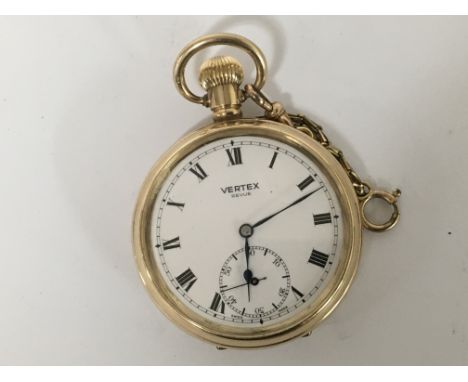 A gold plated Vertex button wind pocket watch. Seen working.