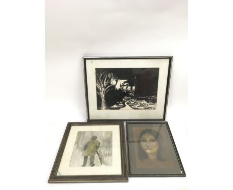 A watercolour portrait of a figure, signed 'Kew?', a pastel portrait of a young woman signed'Keating' and a brush and ink pai