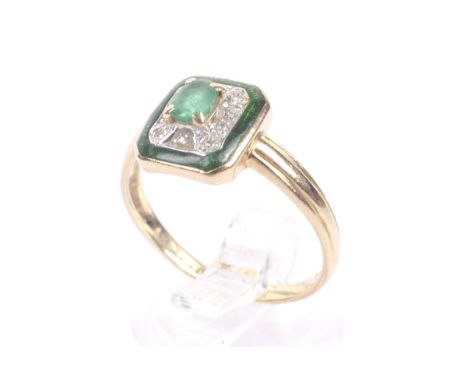 A vintage 14ct gold, emerald, diamond and enamel canted-rectangular cluster ring. Centred with an oval emerald, claw set with