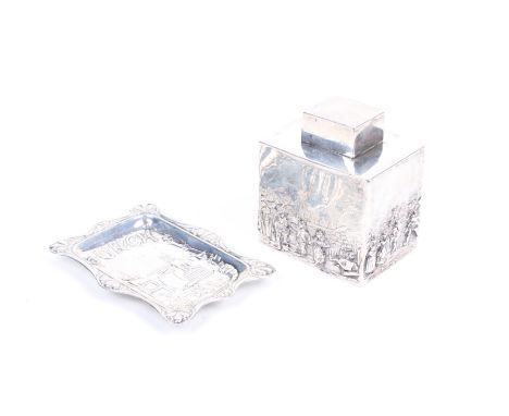 A Edwardian silver tea caddy and a late Victorian pin tray. The rectangular caddy with a plain pull-off cover and embossed wi