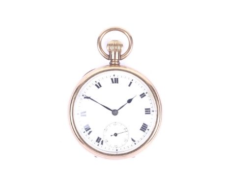 Record, a 9ct gold cased open face keyless pocket watch, circa 1919. The white enamel dial with black painted Roman numerals,
