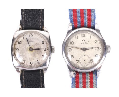 Two vintage Omega stainless steel cased wrist watches. Comprising; an oblong example circa 1938, the silvered dial with black