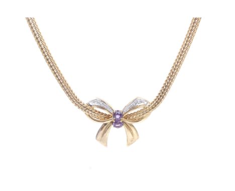 A vintage 9ct yellow and white gold, amethyst and diamond necklace. The frontispiece designed as a ribbon-tied bow set with t