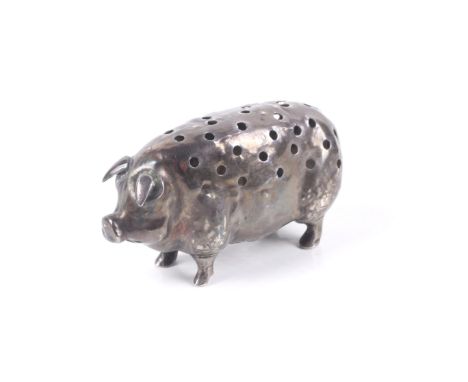 An Edwardian silver pin cushion in the form of a pig. Modelled standing four square, mark of Levi & Salaman, Birmingham 1905,