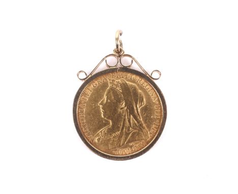 A Victorian sovereign, 1898 (old head), later mounted in a vintage 9ct gold plain pendant mount. With a scroll surmount, hall