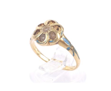 A late Victorian gold, enamel and half-pearl spiral flower-head cluster ring. Centred with a 'shelled' half-pearl within six 