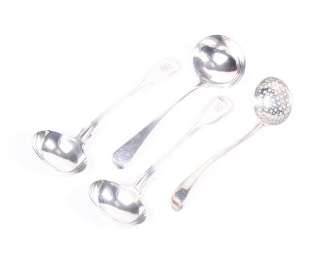 Three George III and later silver sauce ladles and a sifter spoon. Comprising; an old English pattern sauce ladle with script