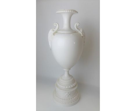 Royal Worcester blanc de Chine urn twin handled pedestal lamp base no. 1969, height 39cm.