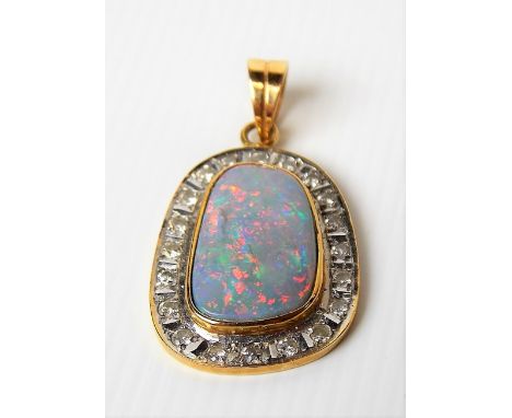 Modern 18k gold diamond &amp; opal pendant, the opal with pink, orange, green &amp; blue colours, the suspension loop stamped