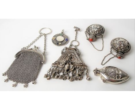 Silver mesh coin purse; together with a silver and enamel hallmarked fob pendant, three Eastern white metal bottles and a pen