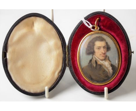 18th Century portrait miniature of a gentleman with dark hair and brown coat, watercolour on ivory, monogrammed JP, POSSIBLY 