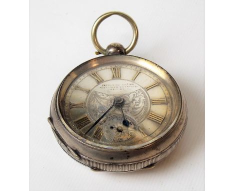 Silver engine turned cased pocket watch with 40mm silvered dial with Roman Numerals &amp; subsidiary seconds dial, foliate en