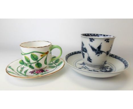 Meissen blue and white underglaze tea bowl and saucer, chinoiserie decorated with a flying bird amongst foliage within an egg