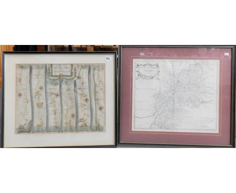 Copper engraved map after Robert Morden 'Gloucestershire'; together with a strip map 'The Road from London to Newhaven' after