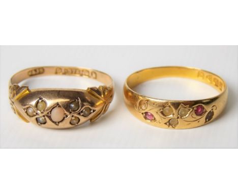 18ct hallmarked gold ruby and seed pearl set engraved band ring; together with a 9ct gold seed pearl set ring, weight overall