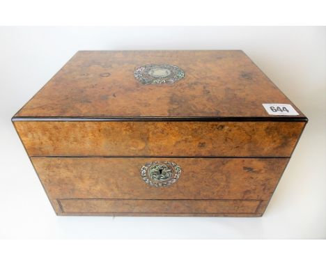 Victorian burr walnut &amp; ebony mother of pearl inlaid vanity box, the lid with a mother of pearl inlaid vacant cartouche &