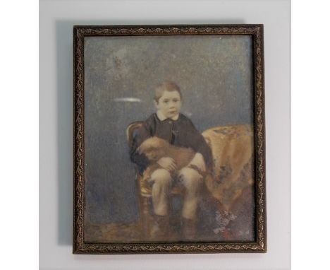 Early 20th Century watercolour portrait miniature of a seated boy with his dog, monogrammed GR &amp; dated 32, 7.5cm x 6cm
