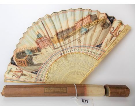 Rare late 18th Century carved ivory and watercolour painted fan, painted with a scene of The Vatican, the stick ends carved a