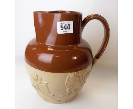 Stoneware hunting jug with sprigged decoration with typical scenes, height 22cm.