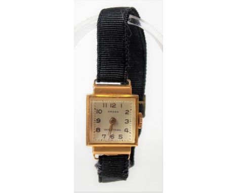 18ct gold cased ladies manual wind wristwatch, the silvered dial with Arabic numerals &amp; signed Ardan, with seventeen jewe